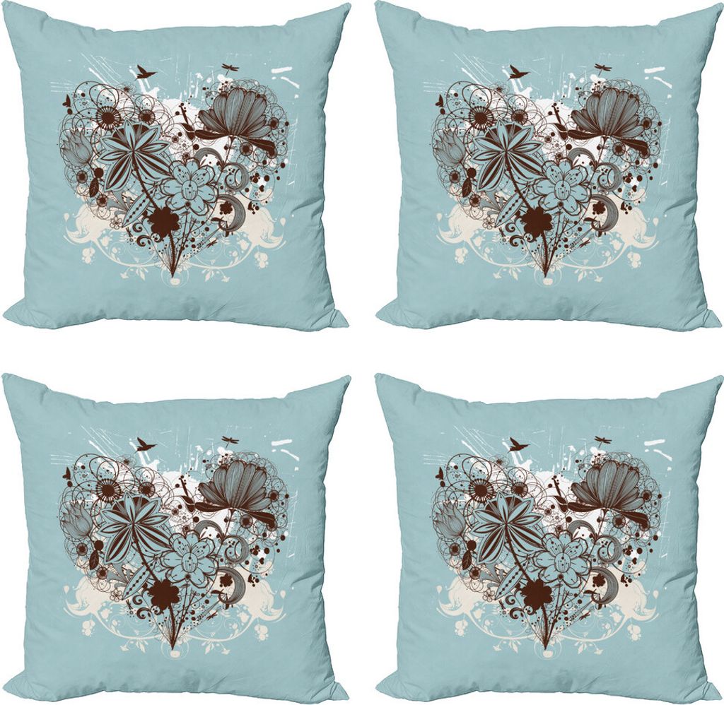 ABAKUHAUS Blumen Kissenbezug Set (4 Stück), Herzform mit Libellen, Moderner Doppelseitiger Digitaldruck, 60 cm x 60 cm, Dunkelbraun Hellblau