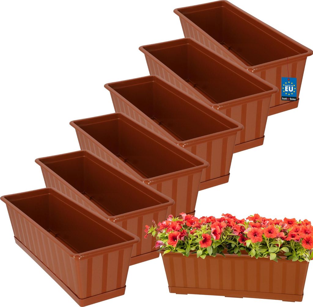 KOTARBAU 6er Set Blumenkasten Blumentopf für Balkon 50 x 18 x 14 cm Terrakotta Balkonkasten Balkongeländer Pflanzkasten mit Untersetzer aus Kun...