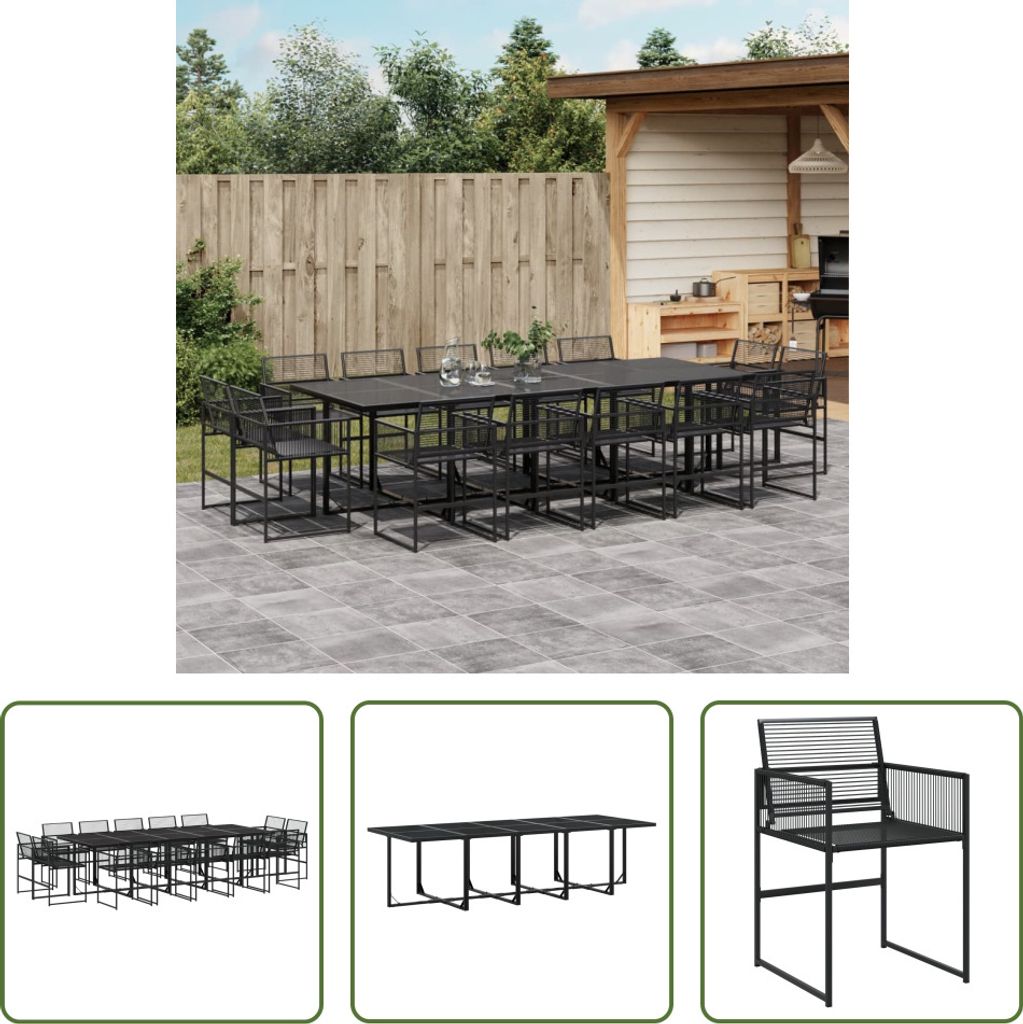 The Living Store 15-tlg. Garten-Essgruppe Schwarz Poly Rattan