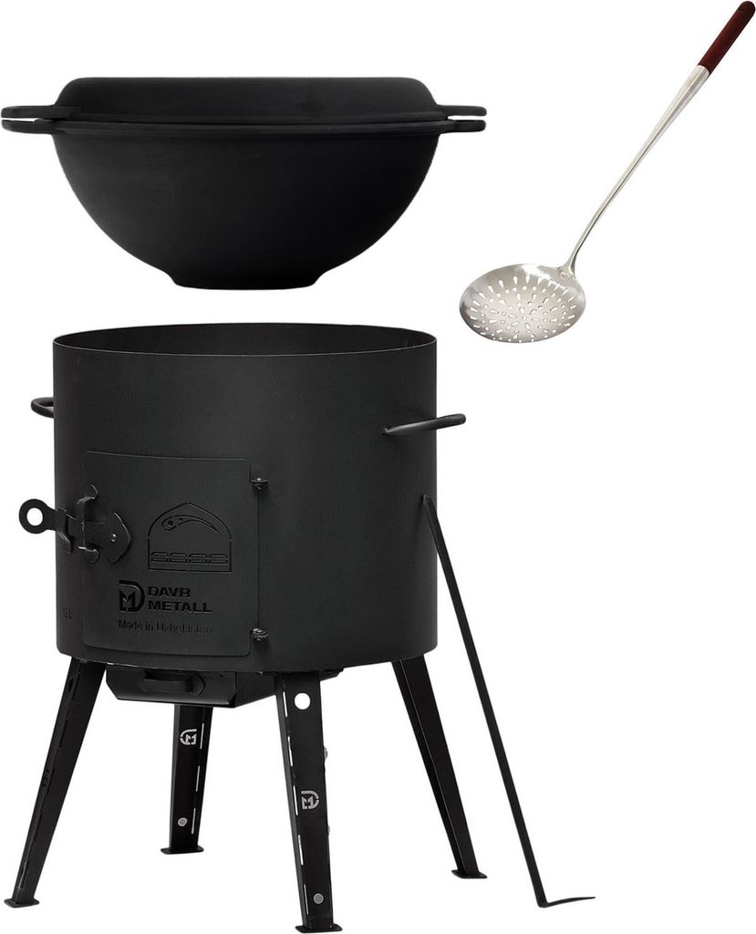 Set Utschak 40 cm + 12 Liter Kasan Kazan aus Gusseisen mit Pfannen-Deckel + 50cm Schaumlöffel