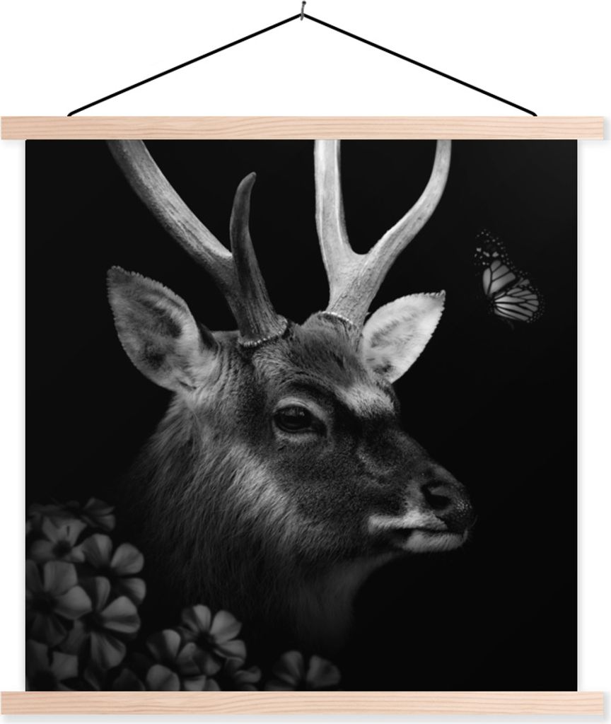 MuchoWow Textilposter Tiere - Hirsche - Dschungel - Schwarz - Weiß 120x120 cm mit holzfarbenen Rahmen - Textil-Poster