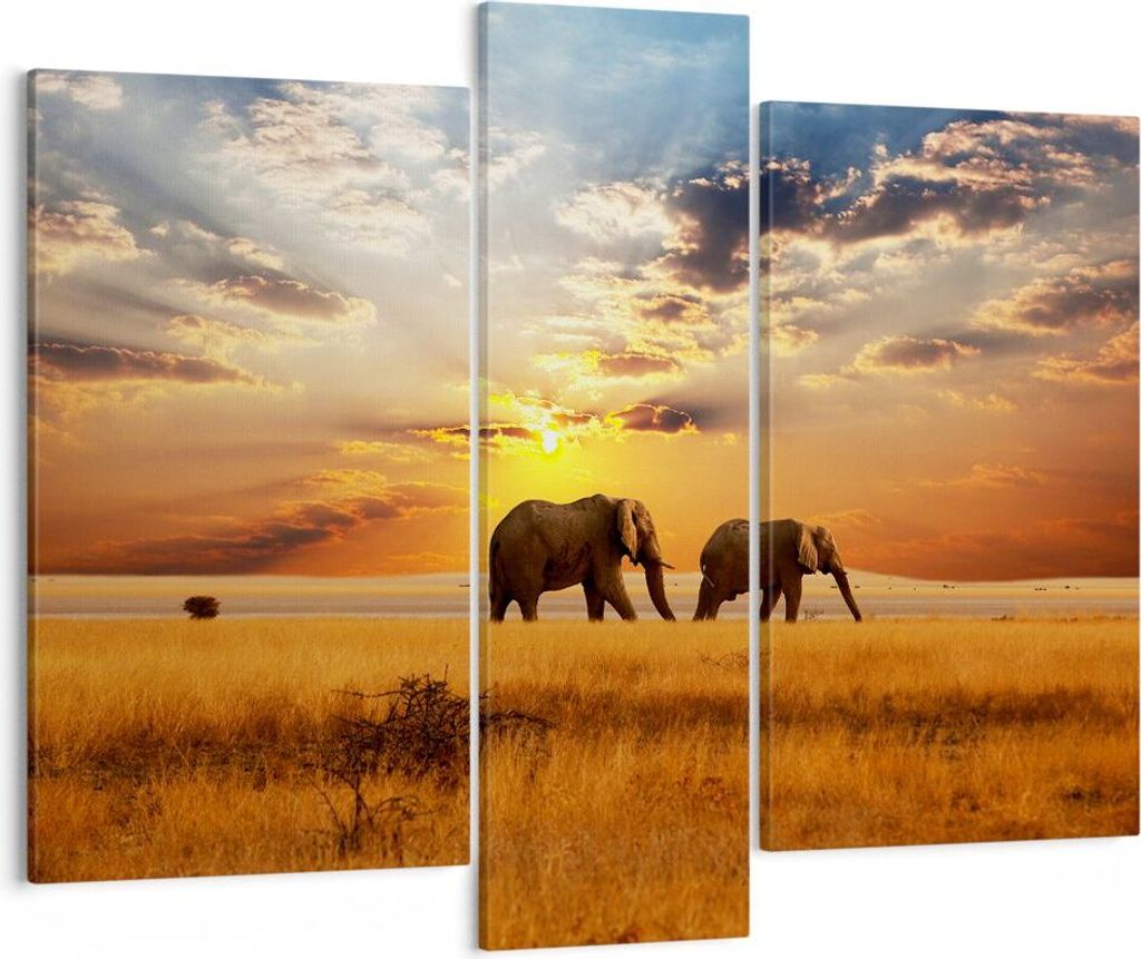 Bild auf Leinwand - Leinwandbild - Elefanten Safari Dschungel Busch - 95x80cm - Wand Bild - Wanddeko - Leinwanddruck - Bilder - Kunstdruck - Wandde...