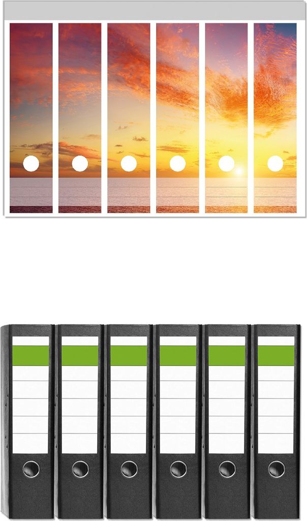 Wallario 6 Stück breite Ordner inkl. Klebeetiketten mit Motive Sonnenuntergang über dem Meer - rote Wolken und blauer Himmel - Set mit Rückensc...
