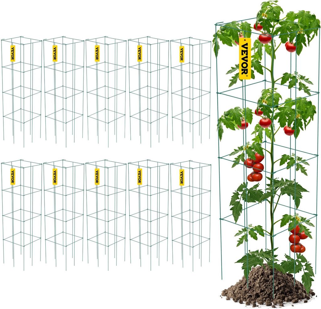 Tomatenkäfige, Pflanzenstützkäfig, 10 Stück, quadratischer Stahl, 3,8 Fuß, Grün für den Garten