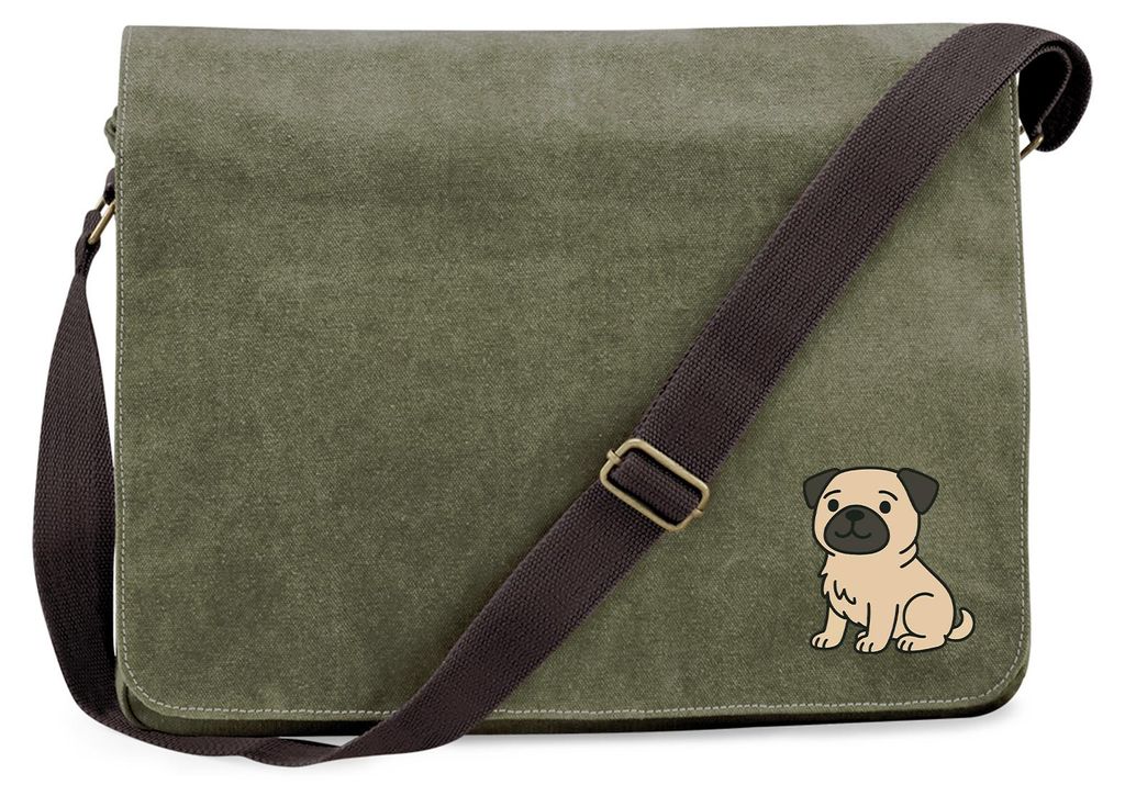 Huuraa Umhängetasche Mops Pug Comic 14 Liter Military Green Canvas Laptoptasche Geschenkidee