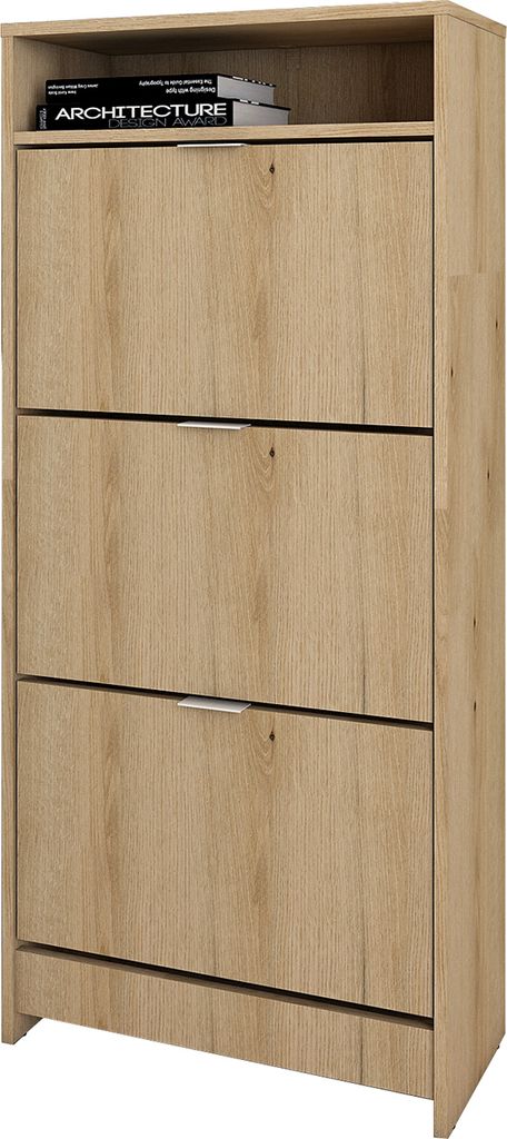 A tall, narrow shoe cabinet with three flip-down doors, made of wood-effect material, shown against a white background.