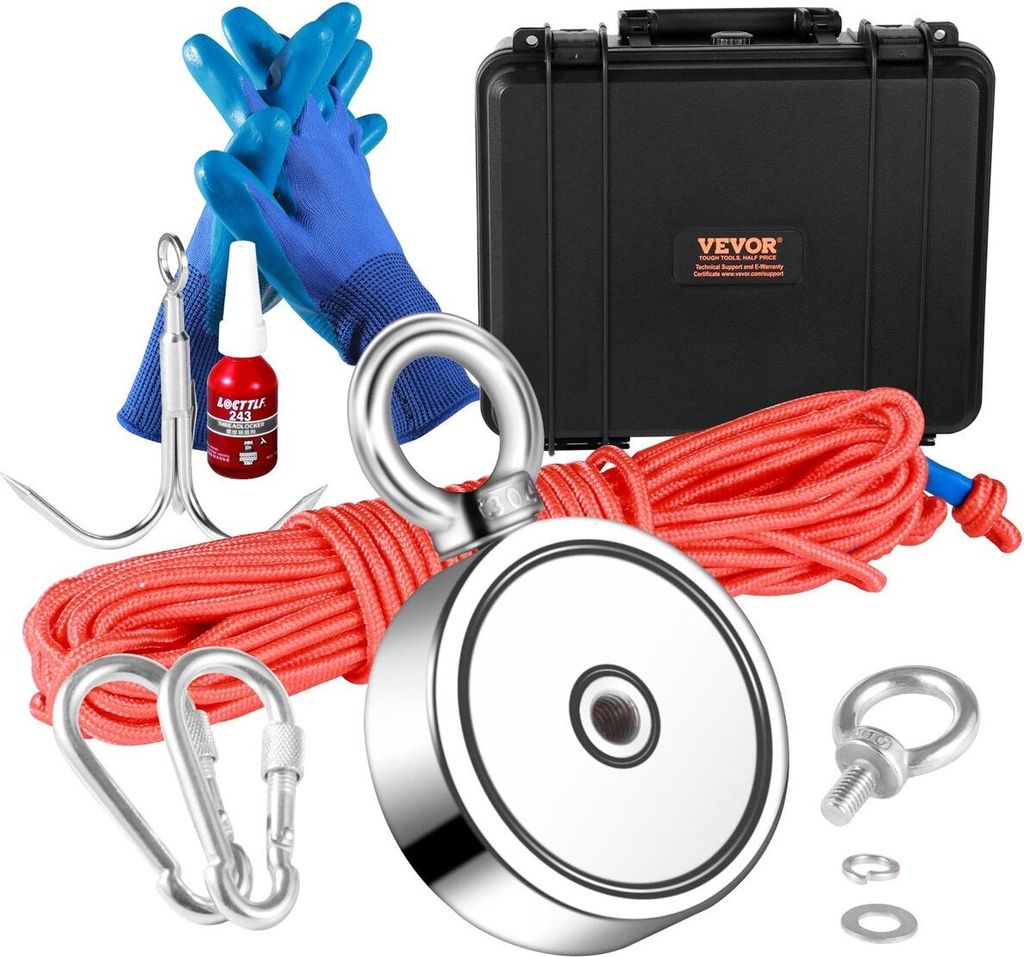 Magnet Fishing Kit, 1200lbs Pulling Force Double Sided Fishing Magnets, 2.95inch Diameter Magnet with Rope, Grappling Hook, Gloves, Waterproof Case...