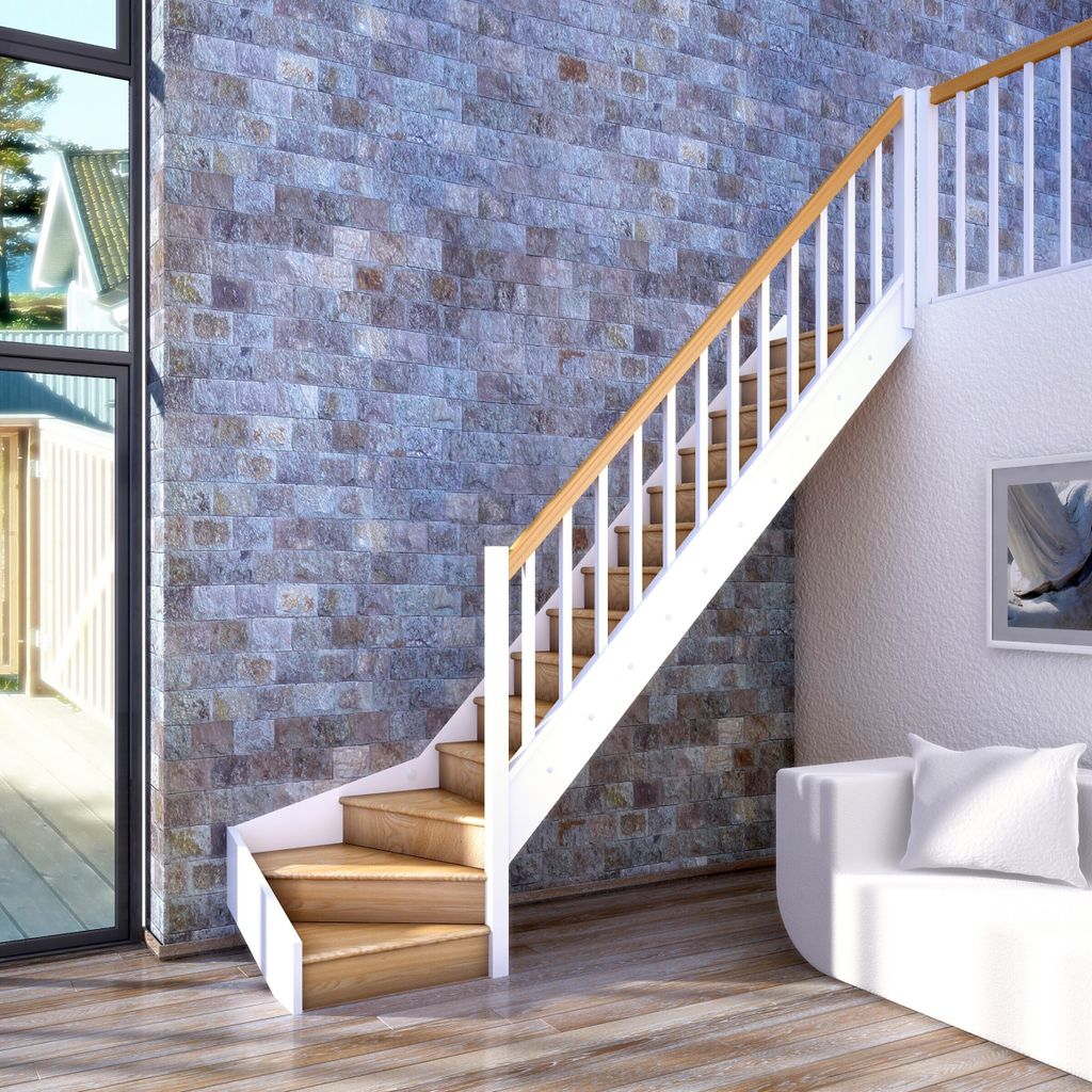 Dolle Raumspartreppe Paris mit Setzstufen Buche weiß Treppenlauf 1/4 gewendelt unten rechts Rechteckstäbe