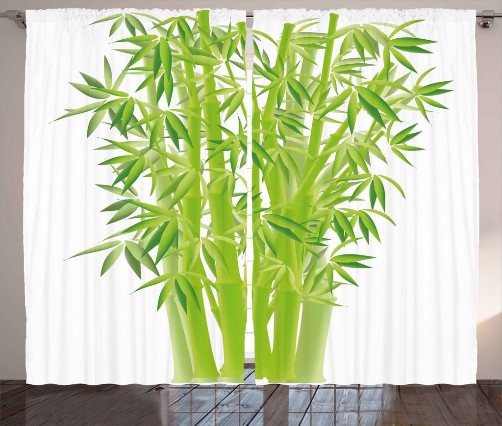 ABAKUHAUS Exotisch Rustikaler Gardine, Bambusstämme mit Blättern, Schlafzimmer Kräuselband Vorhang mit Schlaufen und Haken, 280 x 225 cm, Lindgrün
