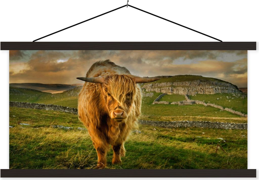 MuchoWow Textilposter Schottisches Hochlandrind - Gras - Berg 150x75 cm mit schwarzem Rahmen - Posterleiste