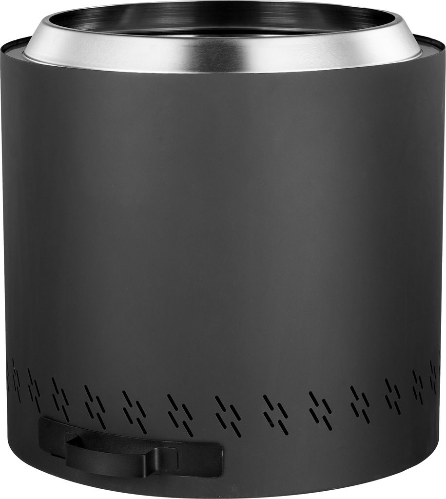 A black outdoor fire pit with a silver rim.