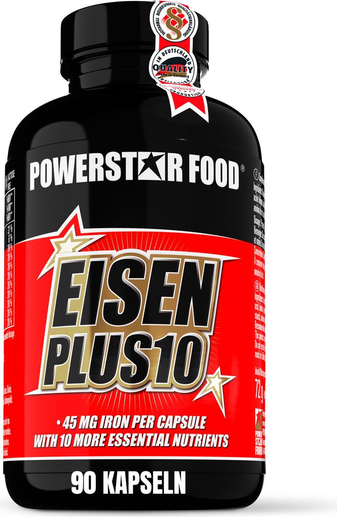 Powerstar EISEN PLUS 10 | 90 Eisen-Kapseln mit Jod, natürlichem Vitamin C & Vitamin B Komplex | Vegan & hochdosiert mit 45 mg Eisen pro Kapsel