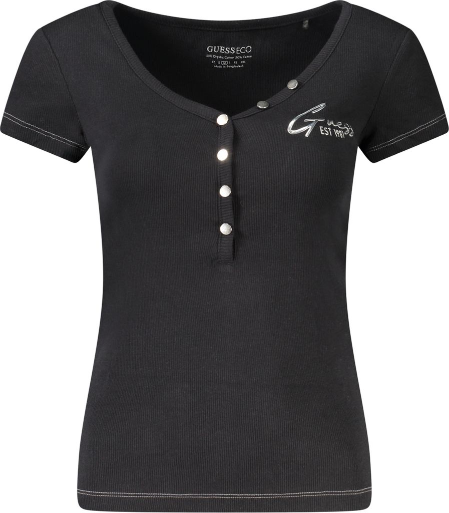 Damen Schwarz Kurzarmshirt aus Baumwolle mit V-Ausschnitt. Produktbild 