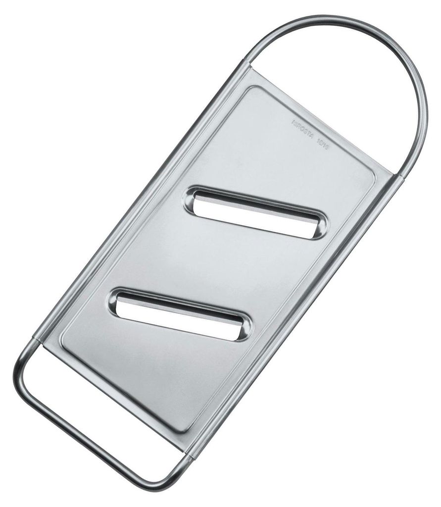 A stainless steel grater with two rectangular slots and a curved handle, presented on a white background.