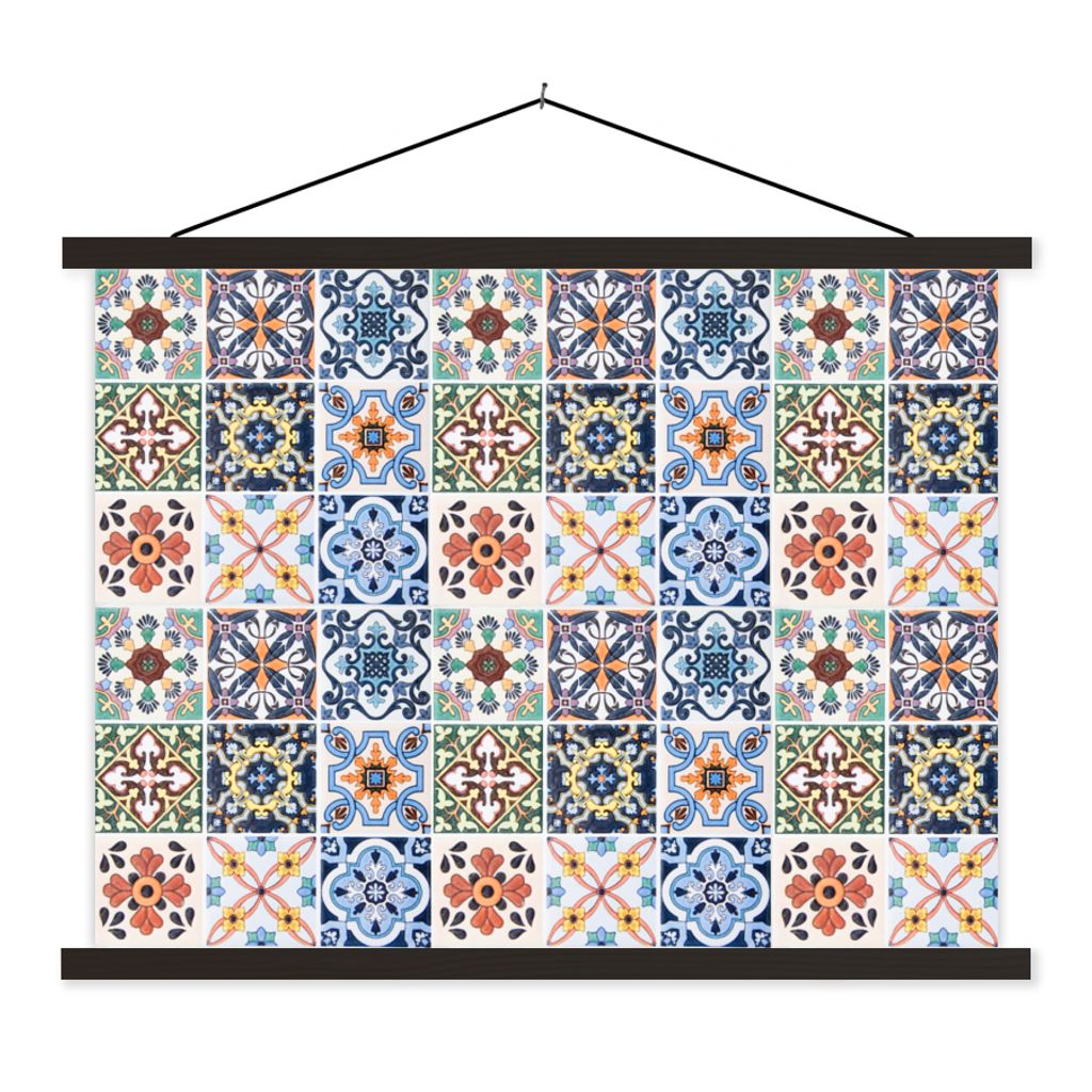 MuchoWow Textilposter Design - Blumen - Orange - Blau - Abstrakt 150x113 cm mit schwarzem Rahmen - Wohnzimmer