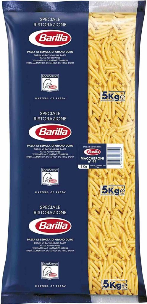 A large bag of Barilla Maccheroni pasta.