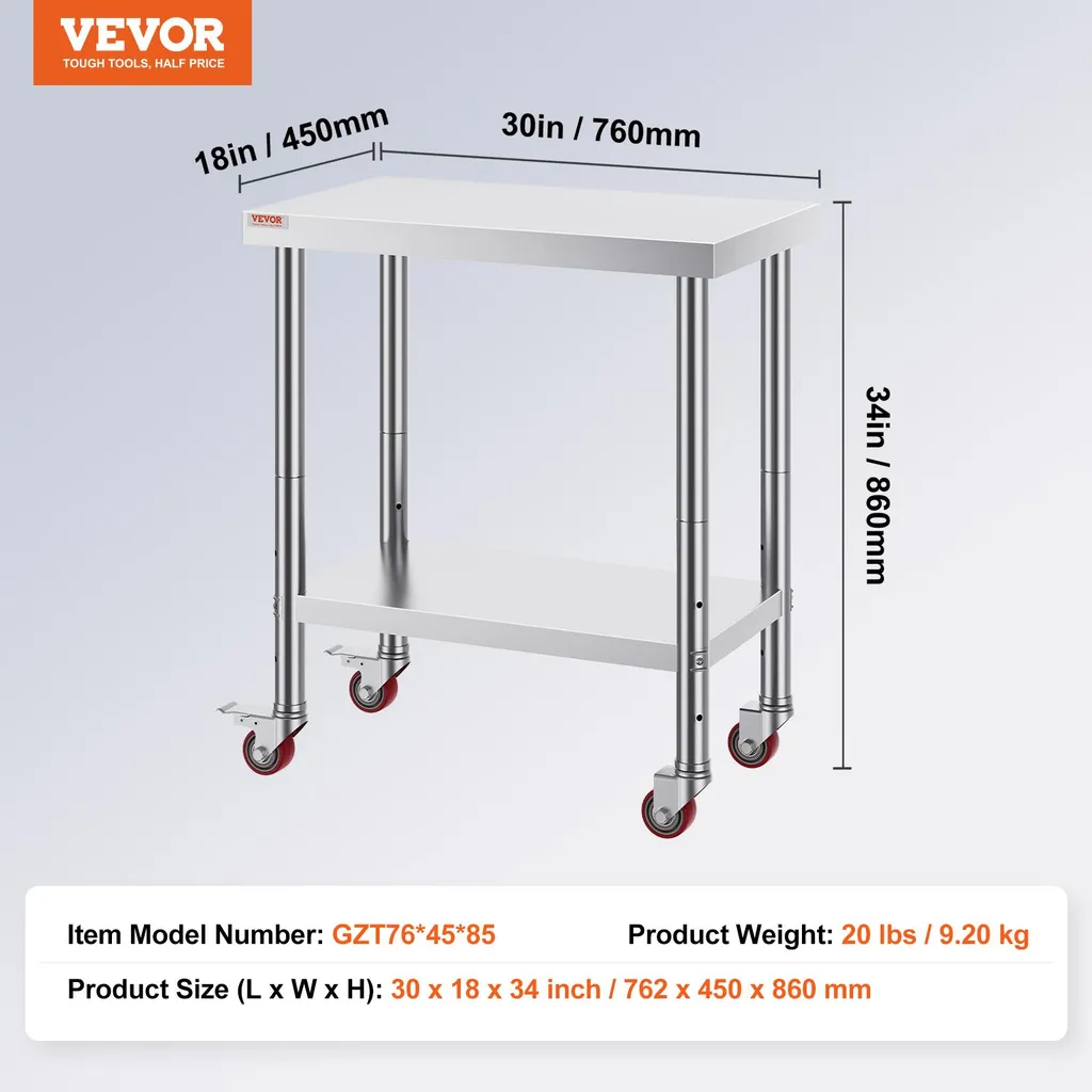 Table de découpe inox 76x45 cm avec étagère réglable et 4 roulettes - 14