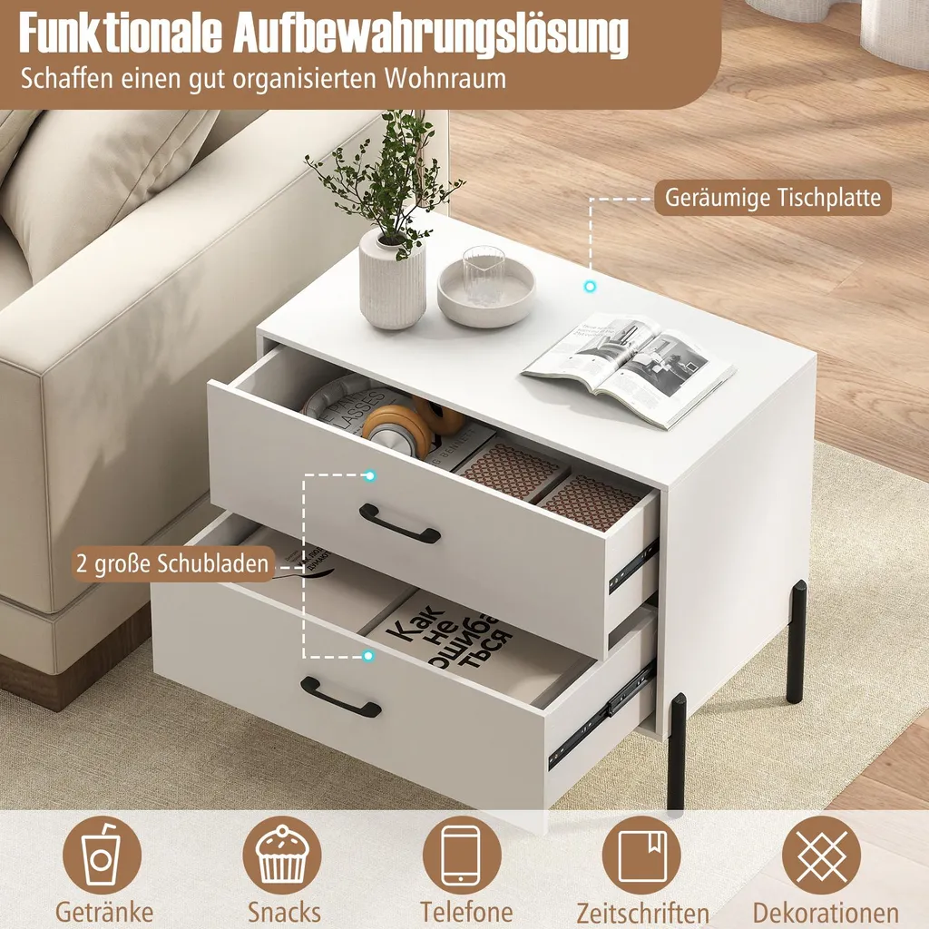Commode de chambre à 2 tiroirs blanche, meuble de rangement 71 cm - 4