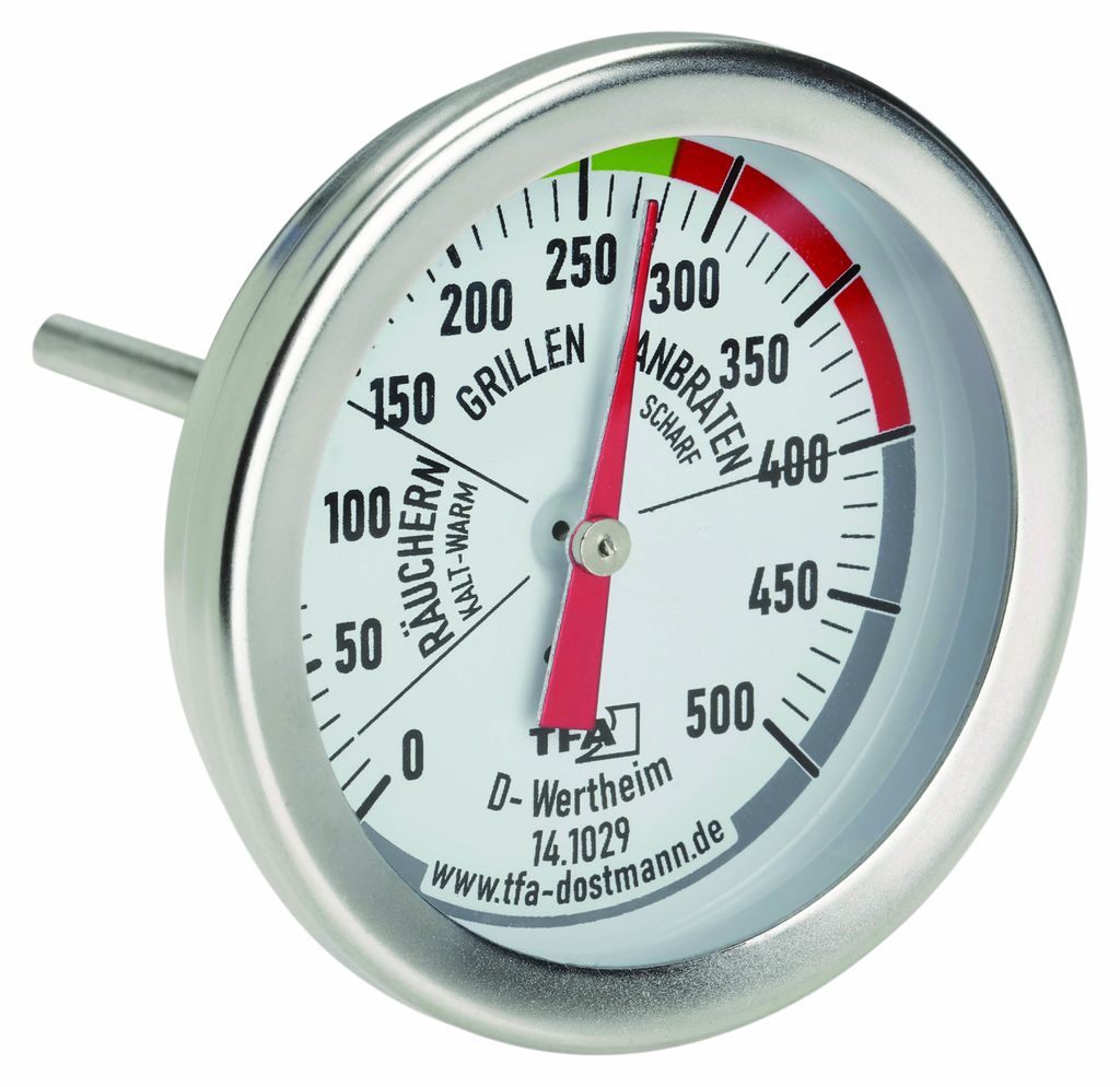 A close-up studio shot of a stainless steel oven thermometer with a white face and red needle.