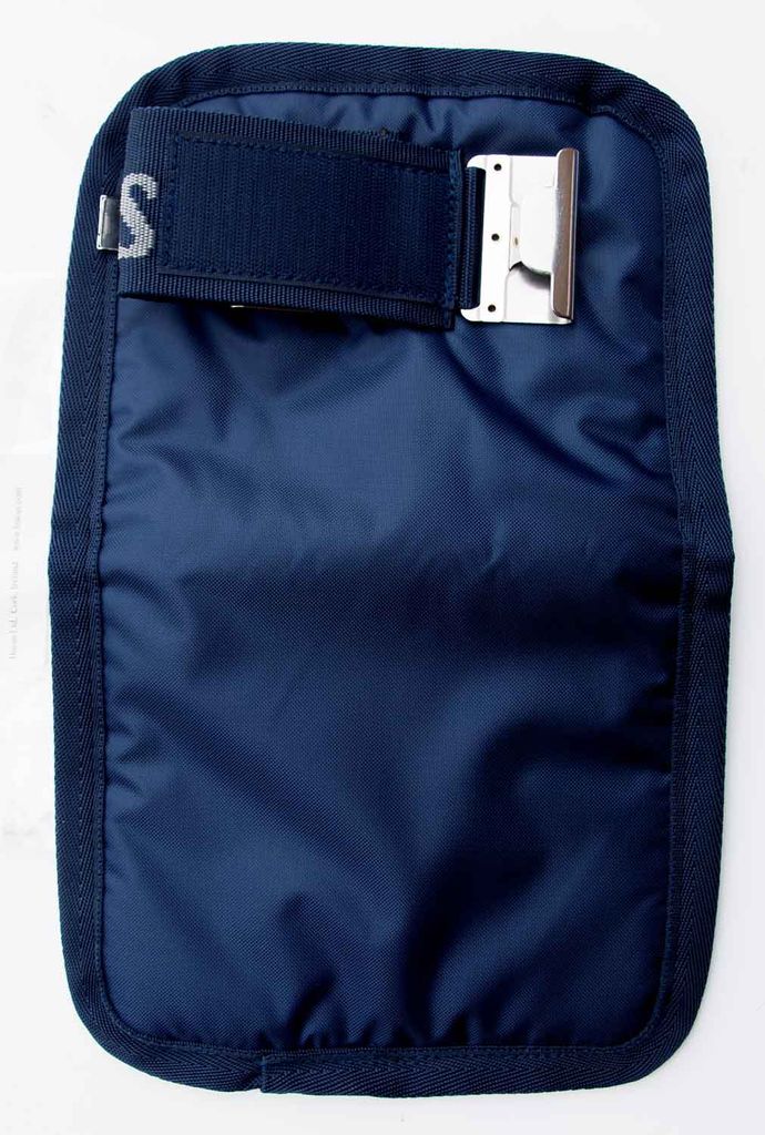 A close-up view of a navy blue Bucas Extender with a silver buckle and a black strap.