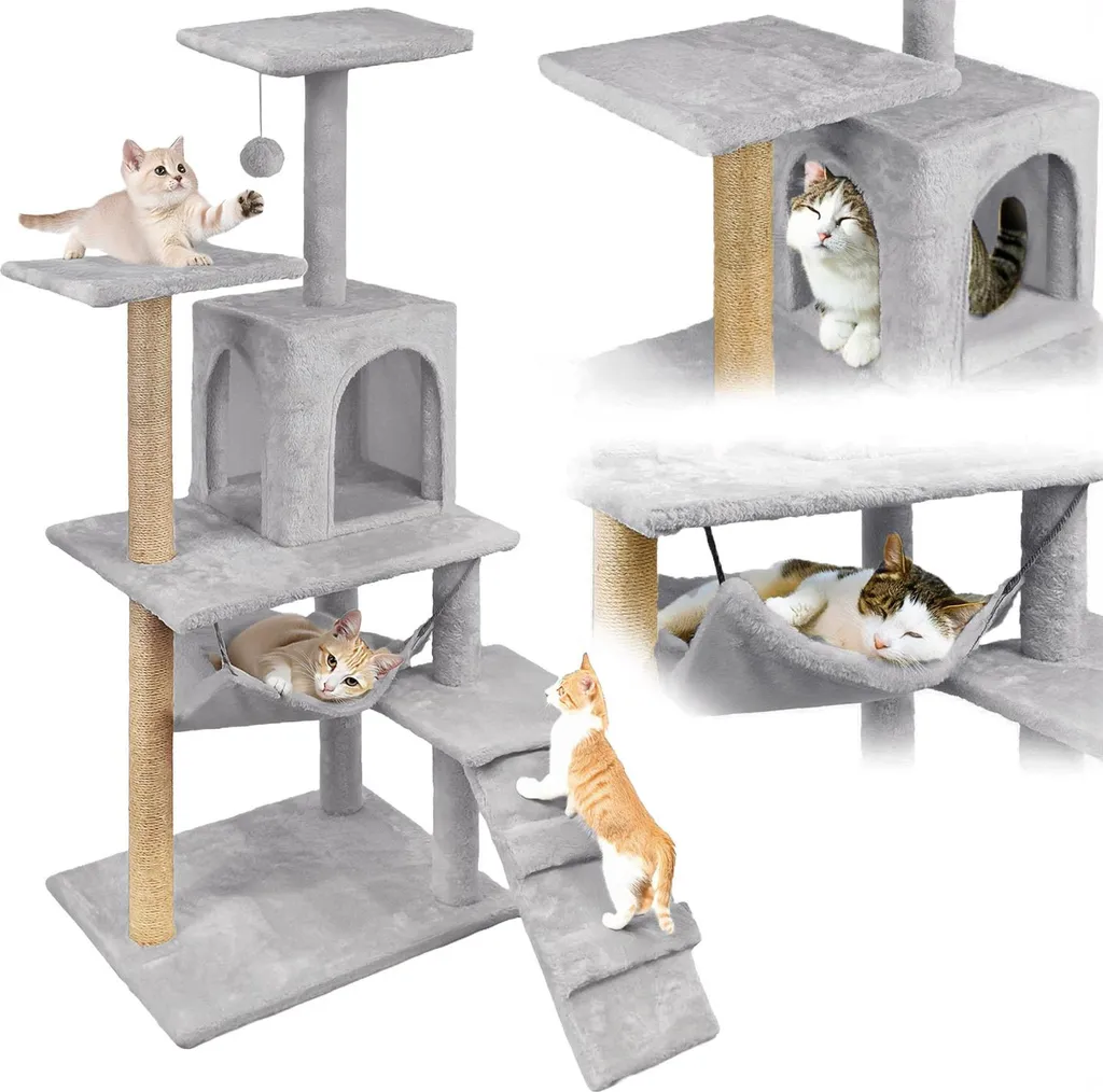 Arbre à chat 6 niveaux avec maison et jouet Comfort Line gris clair