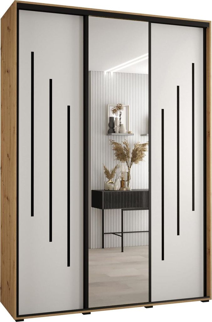 MEBLE KRYSPOL Cannes 9 Schrank mit 3 Schiebetüren - 205,2x180x45 cm - Artisan Weiß Schwarz