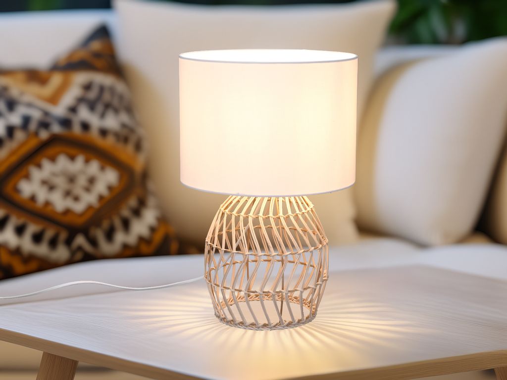 LED Tischleuchte Boho Stil Nachttischlampe Rattan Natur Stoffschirm Weiß Ø25cm