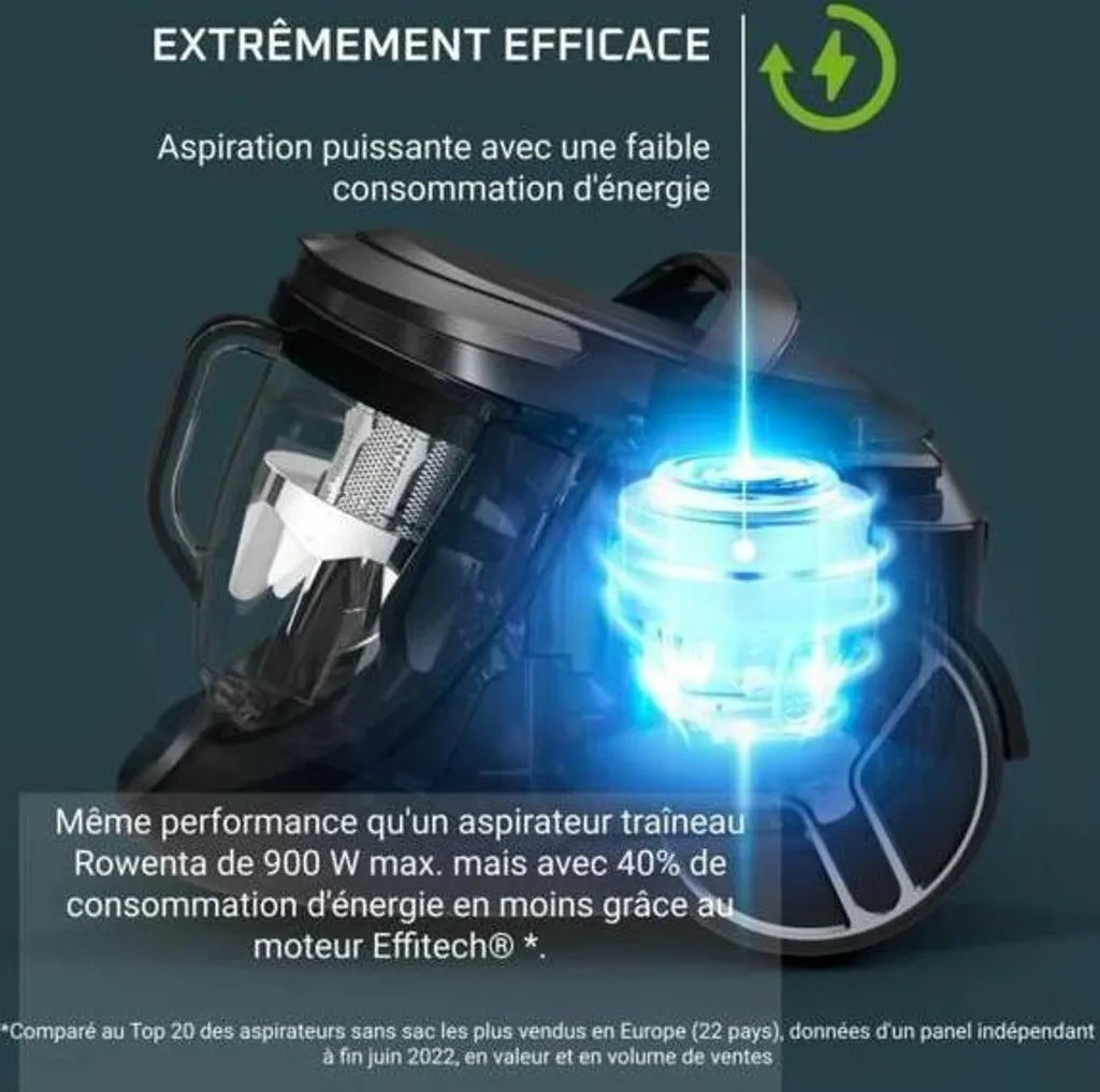 Aspirateur sans sac silencieux 66dB Rowenta RO7C66 avec moteur Effitech®
