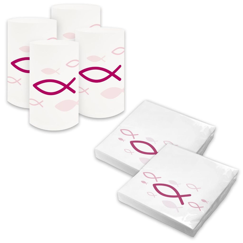 itenga 6x Windlicht + 40x Servietten - Fisch - weiß pink Produktbild 