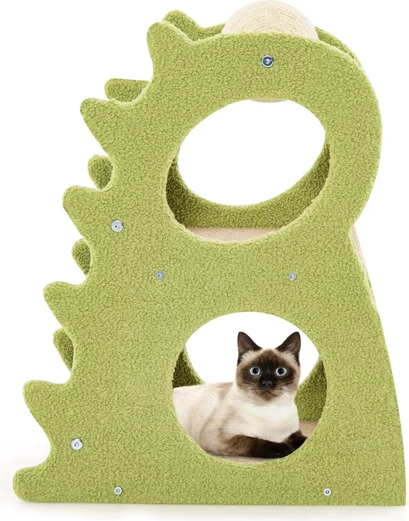 Arbre à chat 2 niveaux vert forme dinosaure, sisal naturel 58 cm