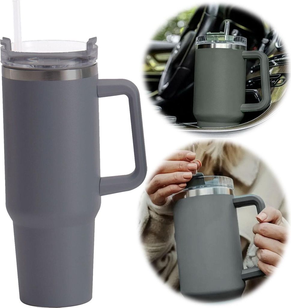 LS-LebenStil XL Edelstahl Trinkbecher Grau 1200ml mit Griff Produktbild 