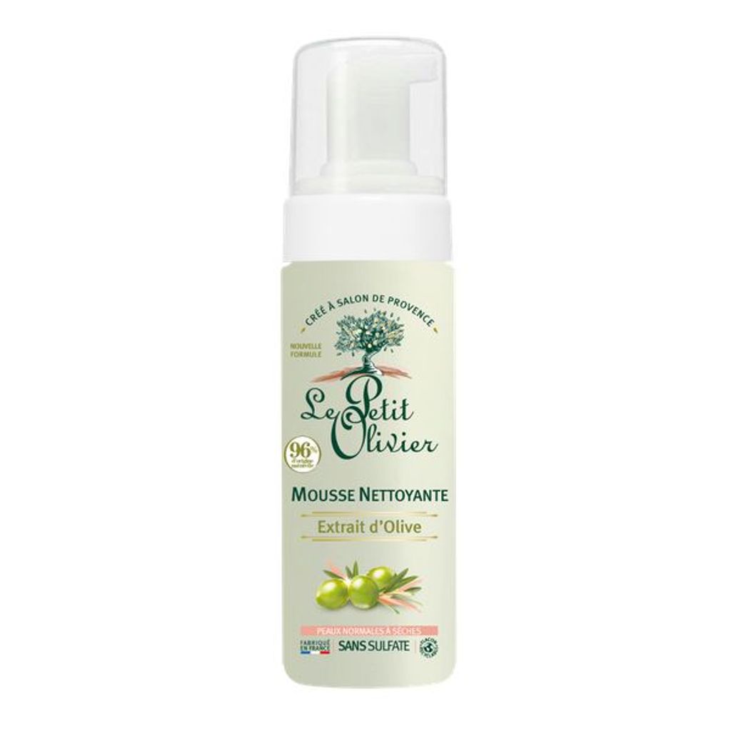 A bottle of facial cleansing foam with olive extract.