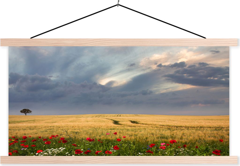MuchoWow Textilposter Blumen - Weizen - Wolken 120x60 cm mit holzfarbenen Rahmen - Klemmleiste