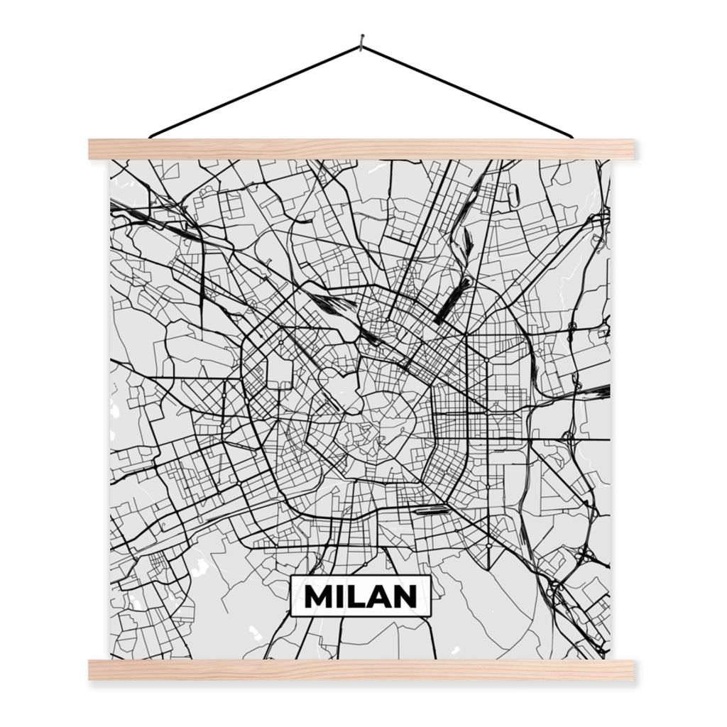 MuchoWow Textilposter Mailand - Stadtplan - Schwarz und weiß - Karte 120x120 cm mit holzfarbenen Rahmen - Textil-Poster