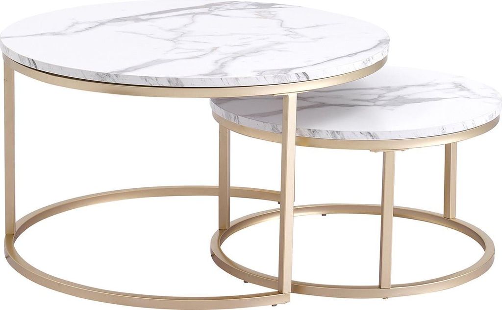 Happyment Luxe Couchtisch - Weiß und Gold - Marmour Look - 2er set - Landhausstil - Wohnzimmer - Rund - 80 und 60cm