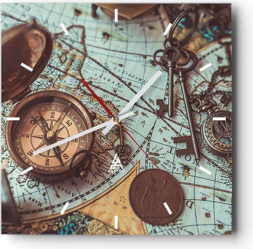 Wanduhr - Quadrat - Glasuhr - Kompass Vintage Karte - 40x40cm - Schleichendes Uhrwerk - Lautlos - zum Aufhängen bereit - Dekoration Modern - Wandd...
