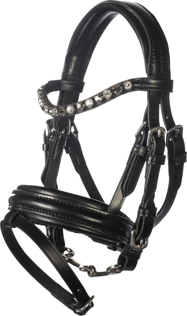 A black leather horse bridle with decorative rhinestones on the browband, shown against a white background.