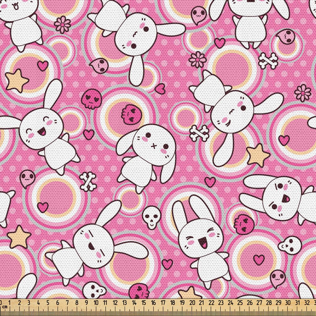 ABAKUHAUS Anime Gewebe als Meterware, Lustige Kawaii Illustration mit Kaninchen-flippigen niedlichen Tier-Häschen scherzt Spaß-Druck, 3 M (148 x ...