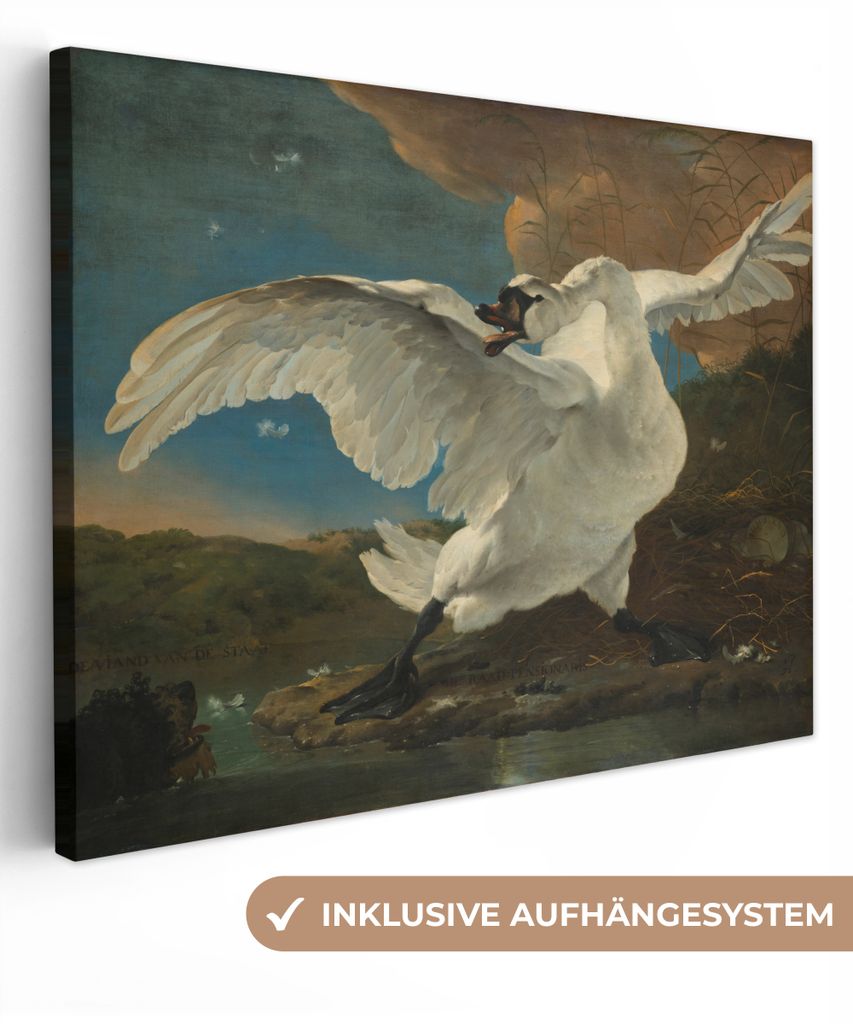 MuchoWow - Leinwandbilder - Der bedrohte Schwan - Gemälde von Jan Asselijn, Wandbild, Wanddeko Bilder Wohnzimmer, 40x30 cm