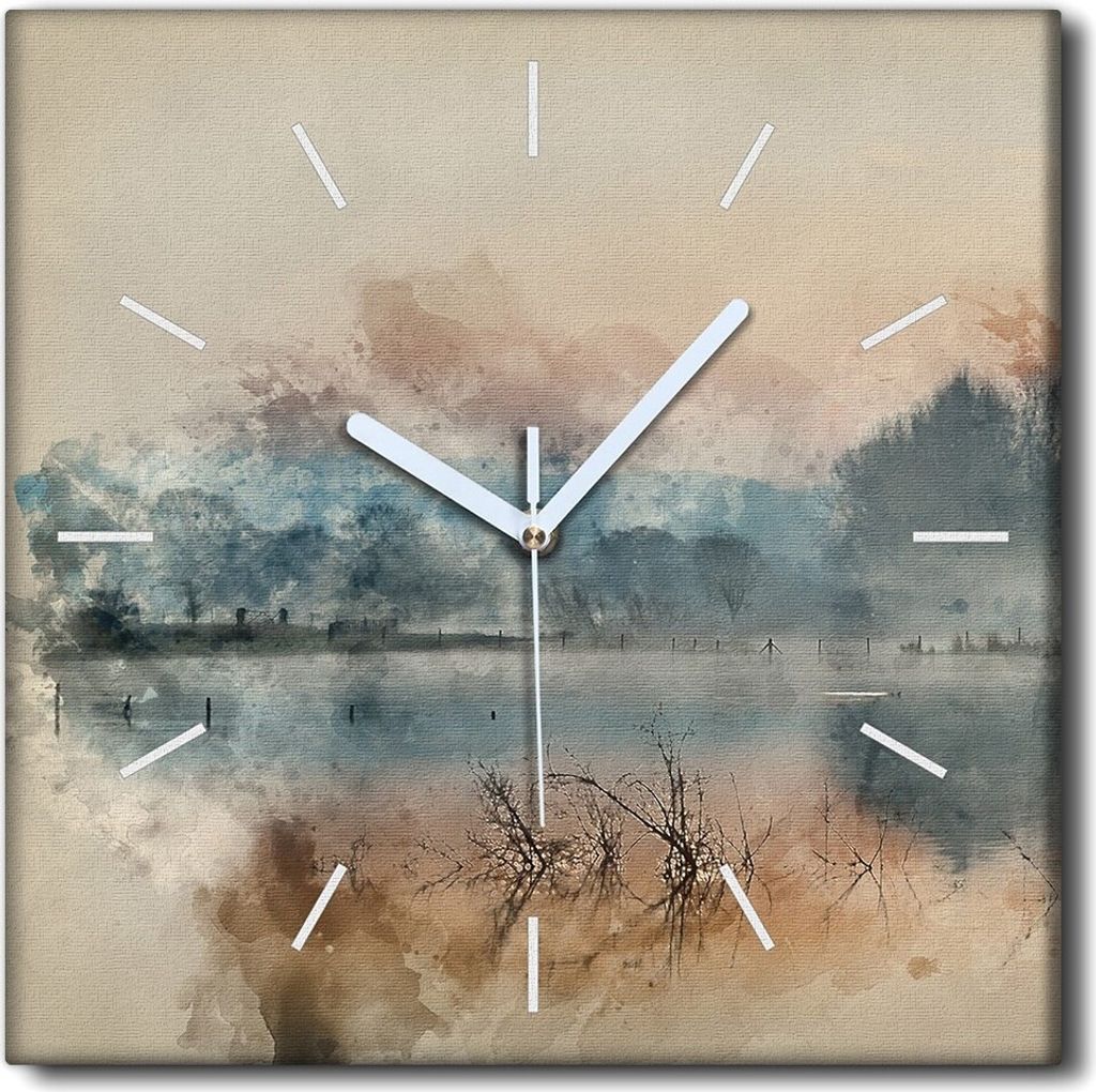 Coloray Uhr auf Leinwand 30x30 cm Wand Uhr Dekoration Wohnzimmer Segeltuch weiße Zeiger -See-Wasserbäume