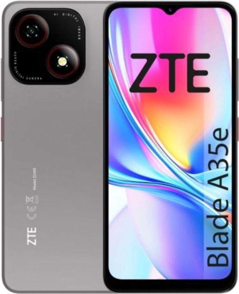 A product shot of a ZTE Blade A35E smartphone, shown from the front and back, with a colorful background.