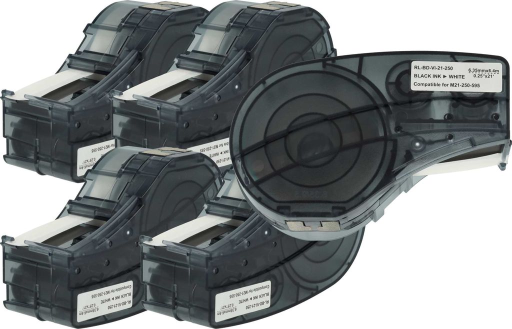 vhbw 5x Schriftband-Kassette Ersatz für Brady M21-250-595-WT für Etiketten-Drucker 6,4m x 6,35mm Schwarz auf Weiß, Vinyl