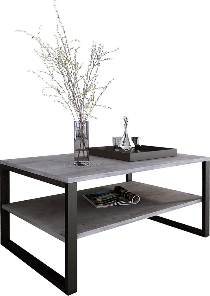 DESIGN MÖBEL Couchtisch mit Ablage Betonoptik – Wohnzimmertisch rechteckig Metallgestell Industrial Stil – BASIC BETON