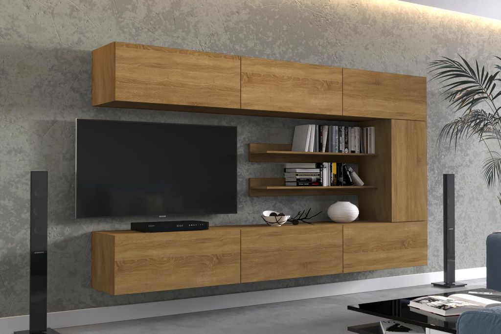 Furnitech Wohnwand 273 cm, Möbel-Set fürs Wohnzimmer, Eiche Gold, Moderne Schränke, Regale, Funktionalität, Modell AN142-1B