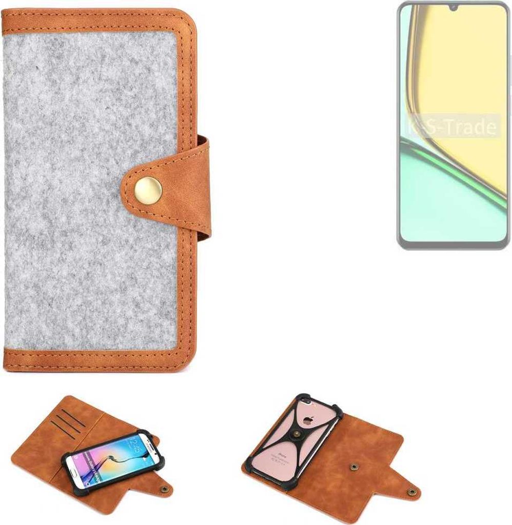 K-S-Trade Handyhülle kompatibel mit Realme Note 60 Schutzhülle Filz-Hülle Kunst-Leder hellgrau braun (1x)