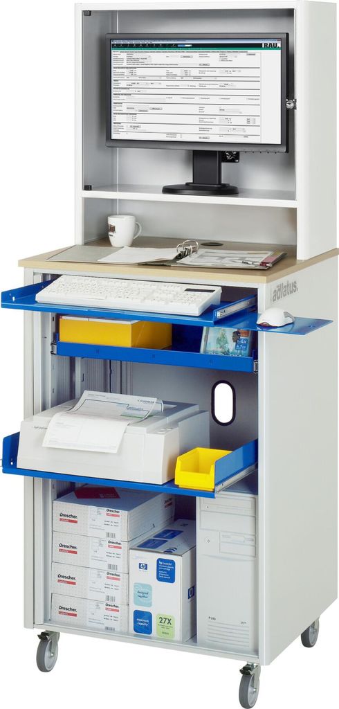 Computer-Arbeitsplatz, 4er Steckdose, Buche-Nachbildung, Monitorgehäuse, Mausauflage, verschließbare Rollladen, Tastaturtablar, mobil