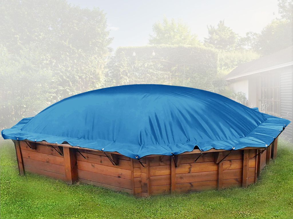 AirDeluxe Aufblasbare achteckige Poolabdeckung (Blau RAL5015, 365cm x 365cm) MIT elektr. Luftpumpe, Poolplane aus LKW Plane 680 g/m² (1360g/m²)...