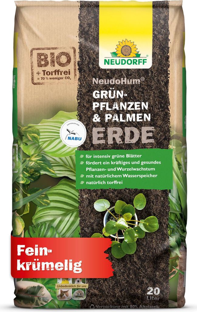 A bag of Neudorff NeudoHum potting soil for green plants and palms.