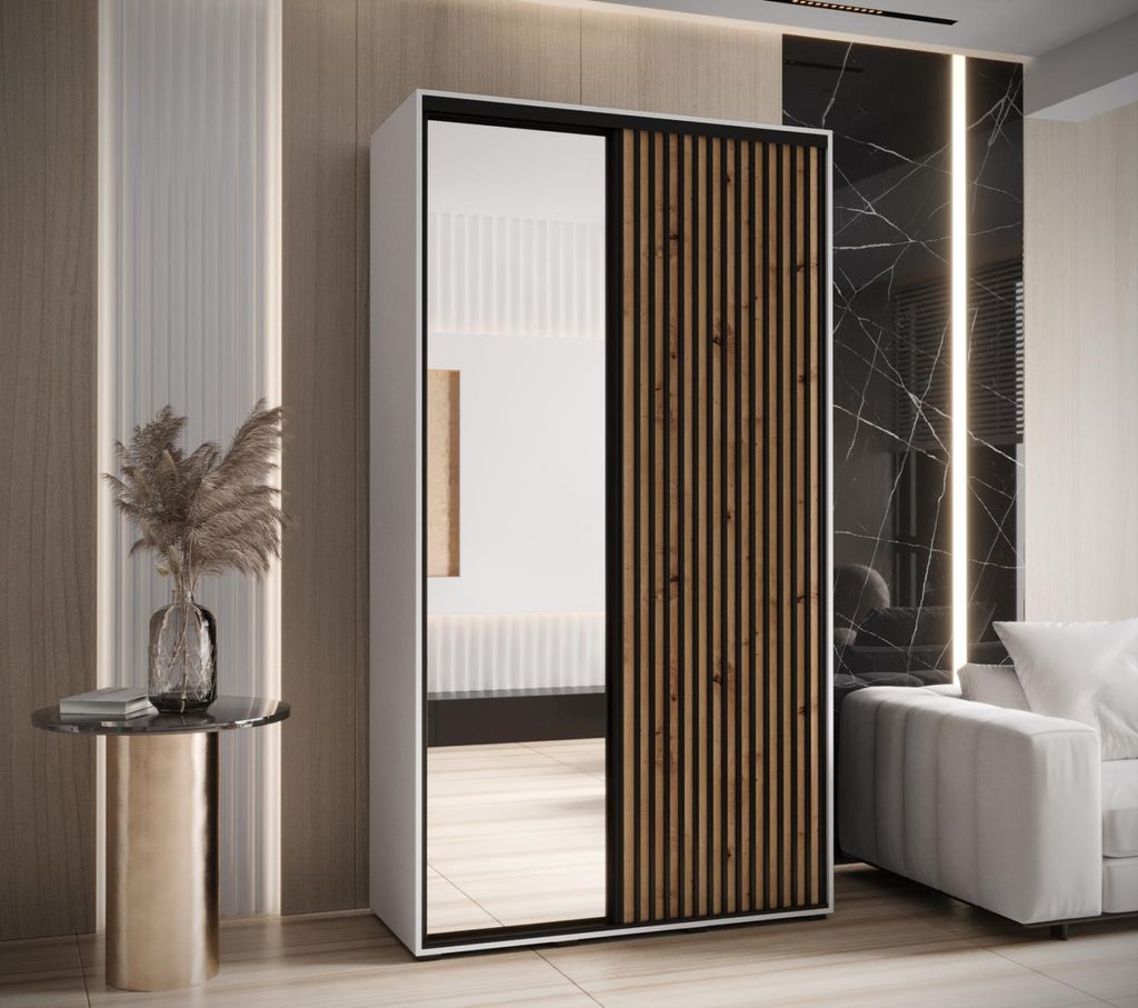 Kleiderschrank FIDELIA 2 – 140/45 cm, weiß/schwarz/Eiche handwerklich