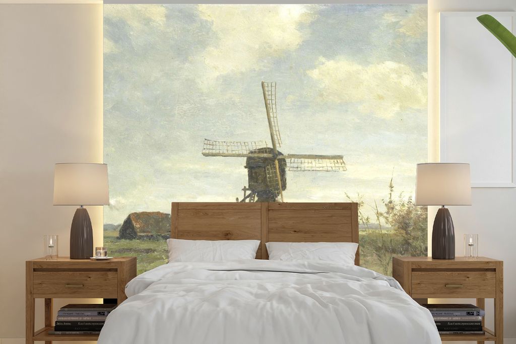 MuchoWow Fototapete für Wohnzimmer oder Schlafzimmer Wandtapete Vinyl Motivtapete Sonniger Tag': eine Mühle am Kanal - Gemälde von Paul Joseph...